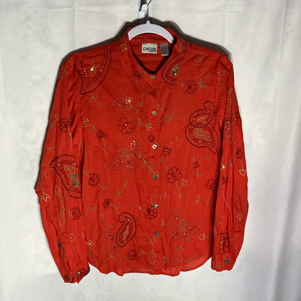 CHICO'S red paisley floral embroider beads collar long sleeve button up top 1/S